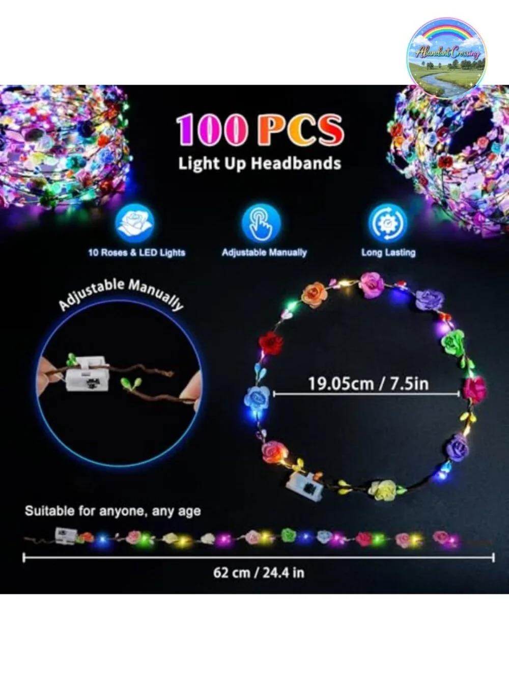 100 PCS LED Flower Crowns Light Up Headbands, Glow in the Dark for Party